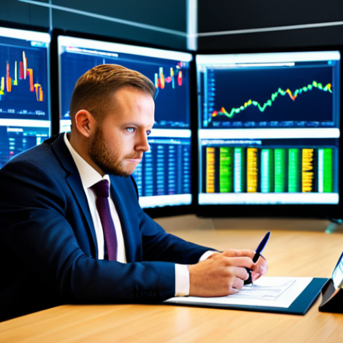 Home 11 A focused professional financial consultant in a modest business suit, sitting at a desk in a modern, high-tech office. Multiple large screens display complex, real-time stock market data charts and graphs in vibrant colors. The consultant is calmly observing the screens, holding a pen, reflecting deep concentration on market dynamics and data-driven decision-making. The scene is well-lit, emphasizing a professional and serious atmosphere. fully clothed, appropriate attire, professional dress, perfect anatomy, correct proportions, natural pose, well-formed hands, proper finger count, natural body proportions, safe for work, appropriate content, professional photography, high quality, family-friendly.