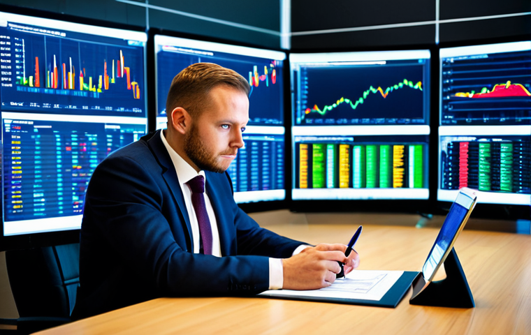 A focused professional financial consultant in a modest business suit, sitting at a desk in a modern, high-tech office. Multiple large screens display complex, real-time stock market data charts and graphs in vibrant colors. The consultant is calmly observing the screens, holding a pen, reflecting deep concentration on market dynamics and data-driven decision-making. The scene is well-lit, emphasizing a professional and serious atmosphere. fully clothed, appropriate attire, professional dress, perfect anatomy, correct proportions, natural pose, well-formed hands, proper finger count, natural body proportions, safe for work, appropriate content, professional photography, high quality, family-friendly.