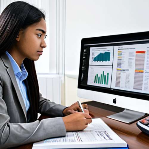 Home 6 A focused individual, dressed in modest professional attire, diligently studying at a well-organized desk. The desk is adorned with financial textbooks, charts, and a laptop displaying intricate financial data. The setting is a quiet, well-lit study room or a professional home office, with a subtle sense of vastness in the background, implying the depth of knowledge. The subject maintains a natural, thoughtful pose, with perfect anatomy and correct proportions, well-formed hands, and proper finger count. Professional photography, high-resolution, sharp focus. Fully clothed, appropriate attire, safe for work, appropriate content, professional, family-friendly.