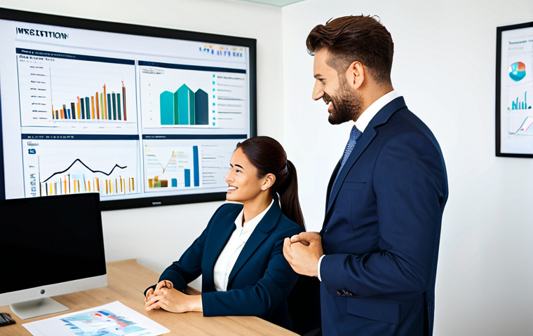 **

A professional fund investment advisor, fully clothed in a modest business suit, is having a friendly consultation with a client (also fully clothed). They are seated at a desk in a modern, brightly lit office.  The background includes financial charts and graphs subtly displayed.  Safe for work, appropriate content, perfect anatomy, natural proportions, professional setting, family-friendly.

**