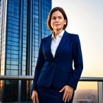 **

"A professional businesswoman in a modest, dark blue business suit, standing confidently in front of a modern skyscraper at sunset, fully clothed, appropriate attire, safe for work, perfect anatomy, natural proportions, professional corporate photography, high quality, clear focus, family-friendly."

**