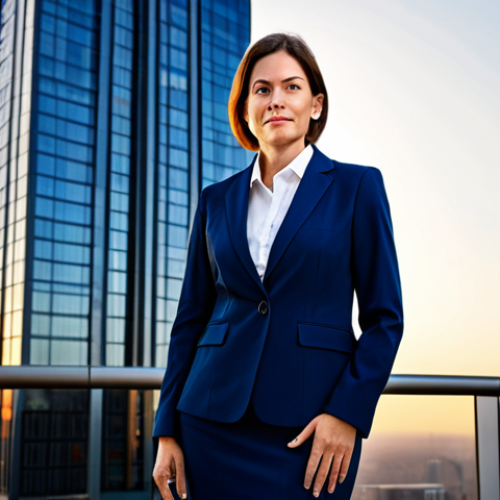 Home 22 **
"A professional businesswoman in a modest, dark blue business suit, standing confidently in front of a modern skyscraper at sunset, fully clothed, appropriate attire, safe for work, perfect anatomy, natural proportions, professional corporate photography, high quality, clear focus, family-friendly."
**