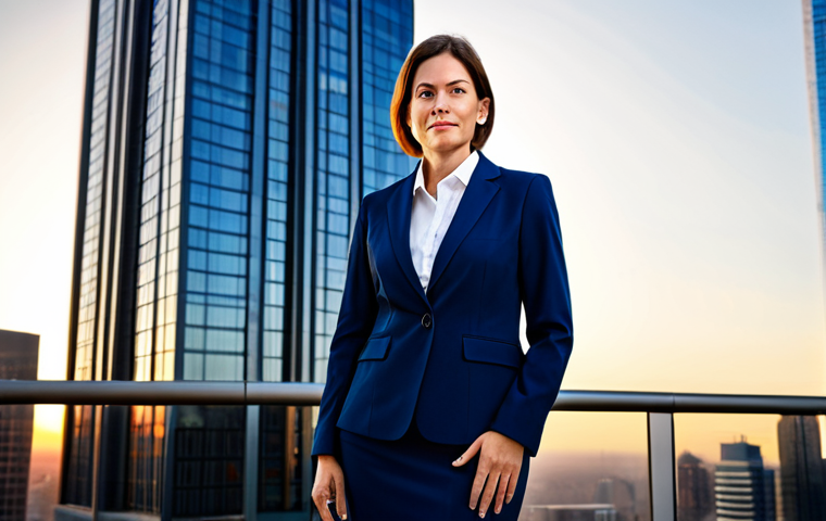 **
"A professional businesswoman in a modest, dark blue business suit, standing confidently in front of a modern skyscraper at sunset, fully clothed, appropriate attire, safe for work, perfect anatomy, natural proportions, professional corporate photography, high quality, clear focus, family-friendly."
**
