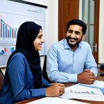 ** "A modern office scene in Karachi, Pakistan, featuring a female financial consultant in her late 30s. She is wearing a smart, modest shalwar kameez (business attire) and is smiling warmly while discussing investment options with a young couple (also in modest, professional clothing). The office has a clean, contemporary design with charts and graphs visible in the background. safe for work, appropriate content, fully clothed, professional, perfect anatomy, natural proportions, family-friendly"

**