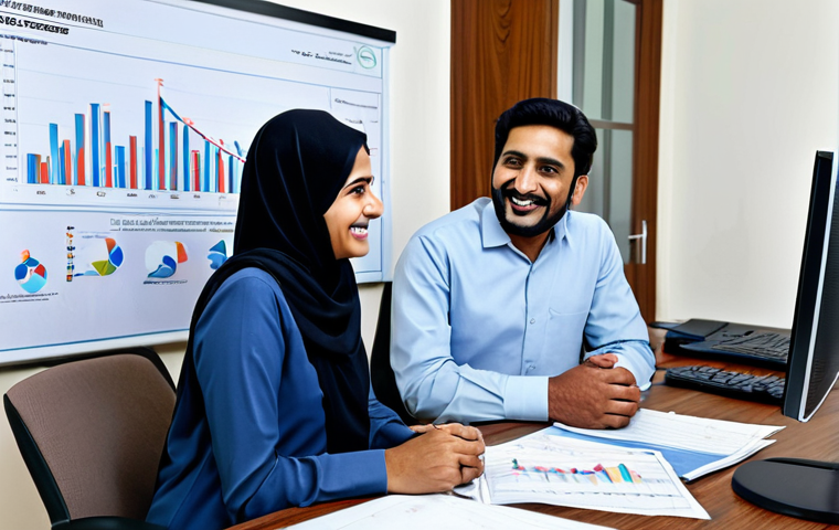 ** "A modern office scene in Karachi, Pakistan, featuring a female financial consultant in her late 30s. She is wearing a smart, modest shalwar kameez (business attire) and is smiling warmly while discussing investment options with a young couple (also in modest, professional clothing). The office has a clean, contemporary design with charts and graphs visible in the background. safe for work, appropriate content, fully clothed, professional, perfect anatomy, natural proportions, family-friendly"

**