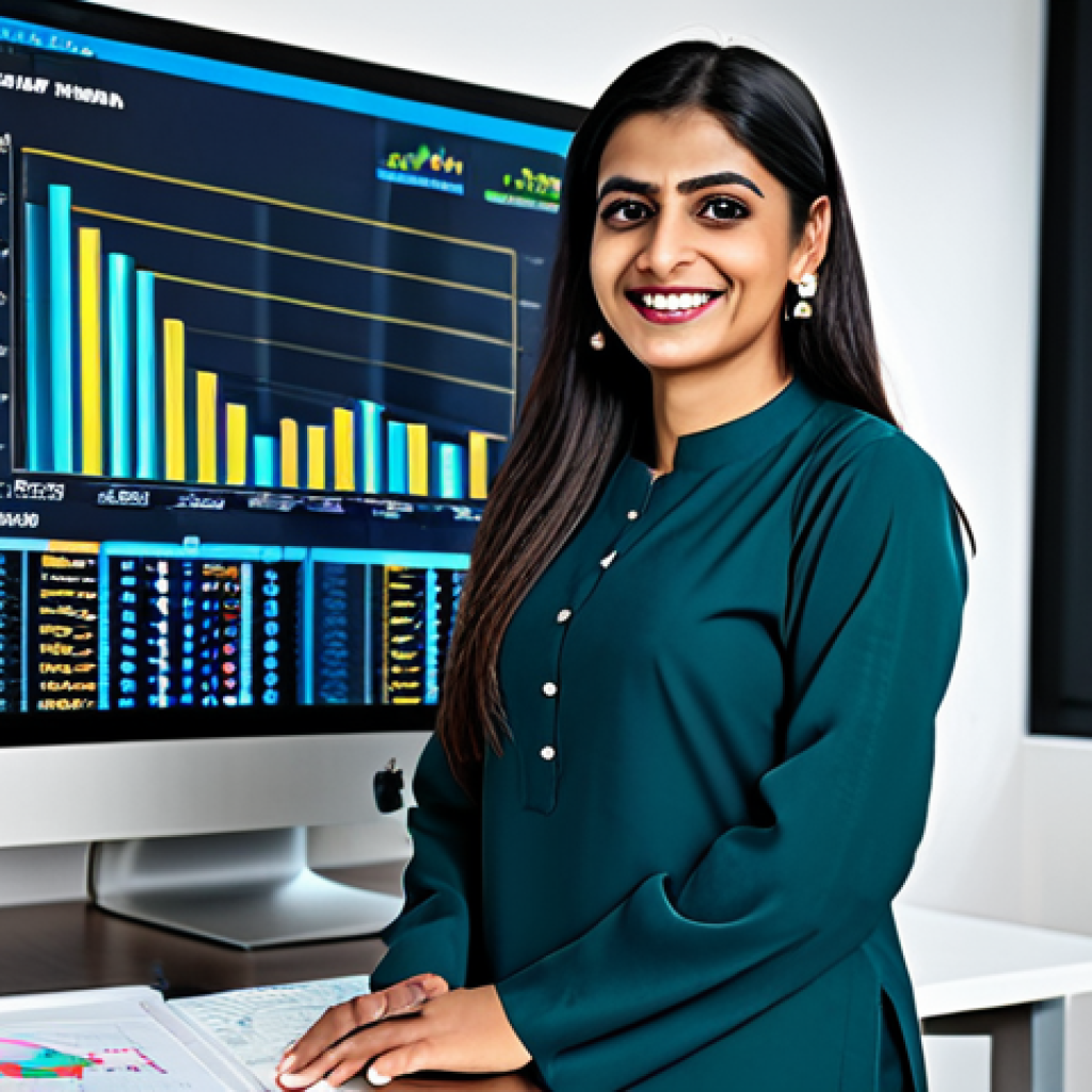 **

"A professional fund investment advisor, fully clothed in a modest shalwar kameez, smiling confidently in a modern office setting with a computer displaying investment charts, appropriate attire, safe for work, perfect anatomy, natural proportions, professional photograph, high quality, family-friendly."

**
