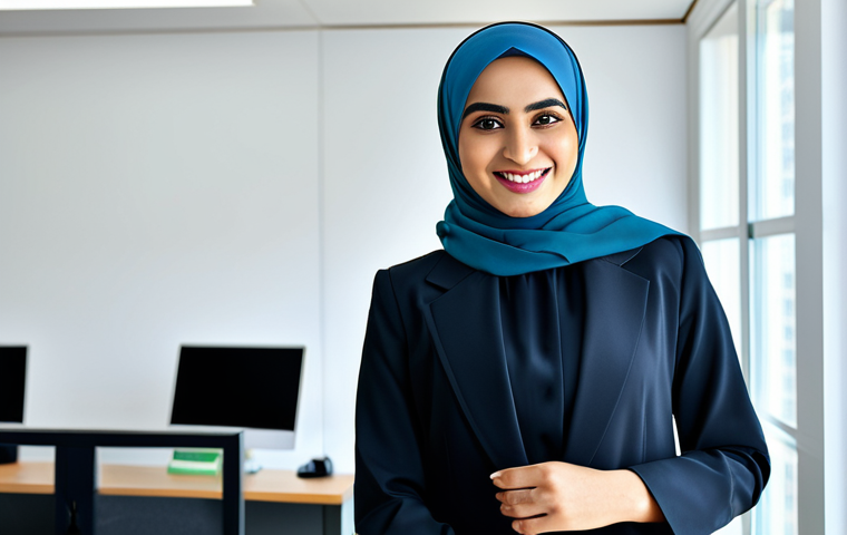 펀드투자상담사 실무와 이론 차이점 - Modern Islamic Finance Professional**

*   **Prompt:** "A confident, smiling businesswoman in a mode...