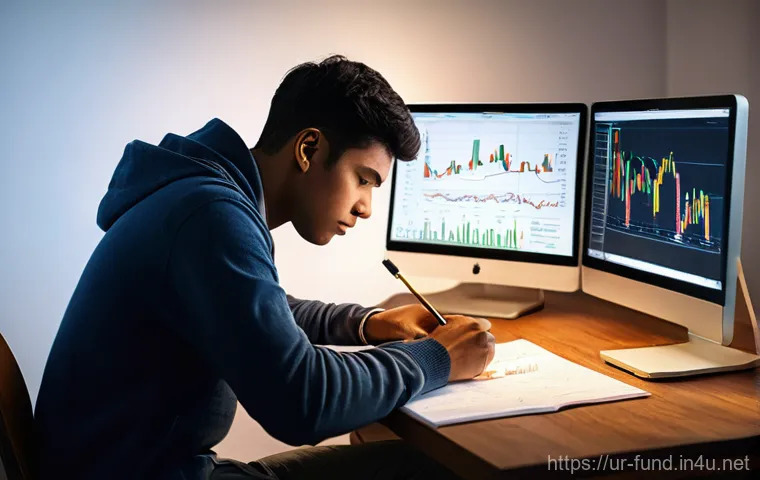 펀드투자상담사 자격증 합격 후기 - **Prompt 1: The Financial Study Journey and Breakthrough**
    A young adult, sitting at a wooden de...