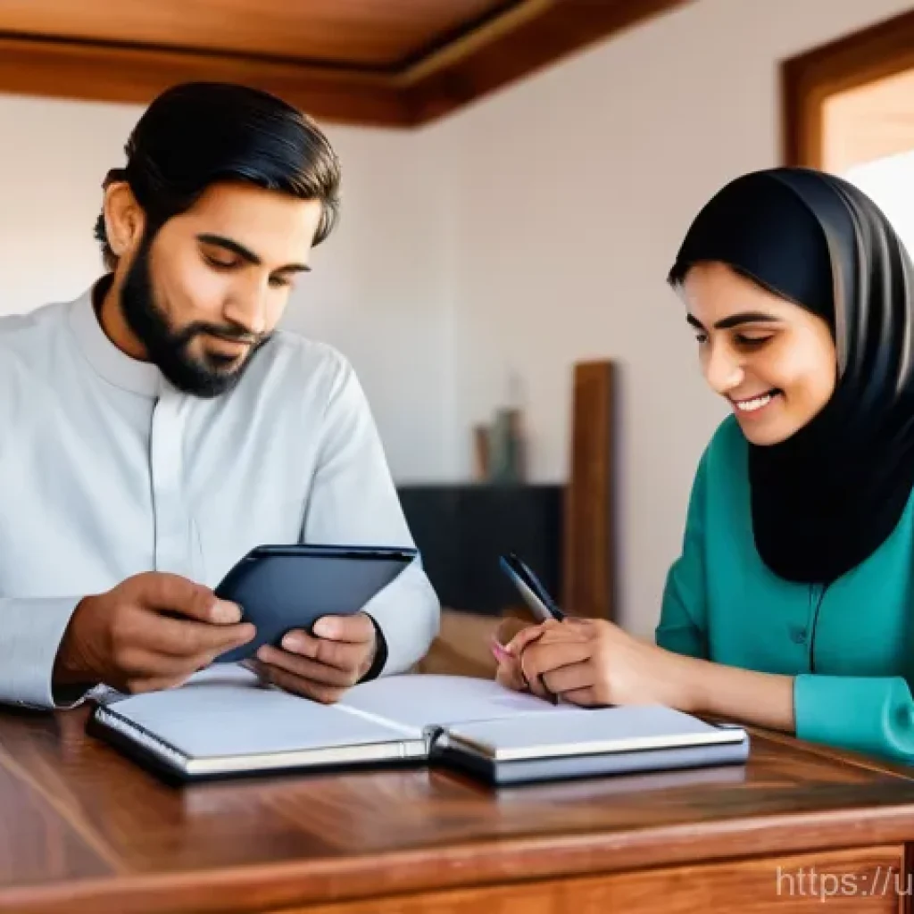 펀드투자상담사 직무에서의 고객 상담 사례 - **Prompt:** "A diverse Pakistani couple, dressed in contemporary modest clothing, sits at a beautifu...