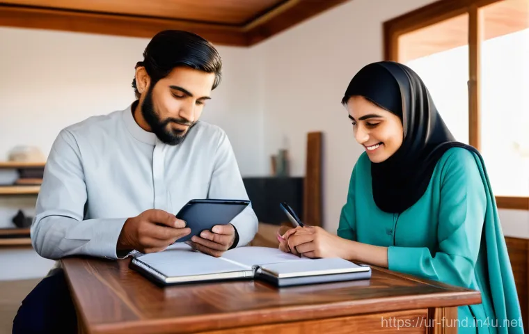 펀드투자상담사 직무에서의 고객 상담 사례 - **Prompt:** "A diverse Pakistani couple, dressed in contemporary modest clothing, sits at a beautifu...