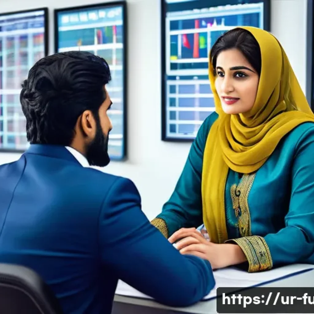 펀드투자상담사 커리어 패스 - A professional Pakistani financial advisor in a modern office setting, wearing formal business attir...