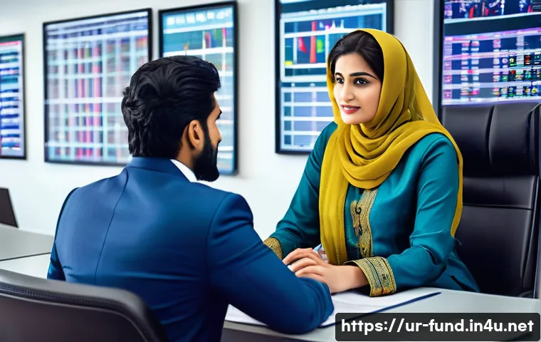 펀드투자상담사 커리어 패스 - A professional Pakistani financial advisor in a modern office setting, wearing formal business attir...