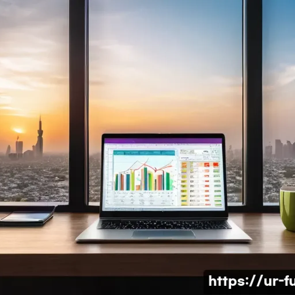 펀드투자상담사 업무 효율성을 높이는 도구 - A modern financial advisor’s workspace in Pakistan, featuring a sleek laptop displaying Tableau dash...