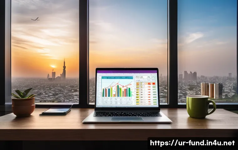 펀드투자상담사 업무 효율성을 높이는 도구 - A modern financial advisor&rsquo;s workspace in Pakistan, featuring a sleek laptop displaying Tableau dash...