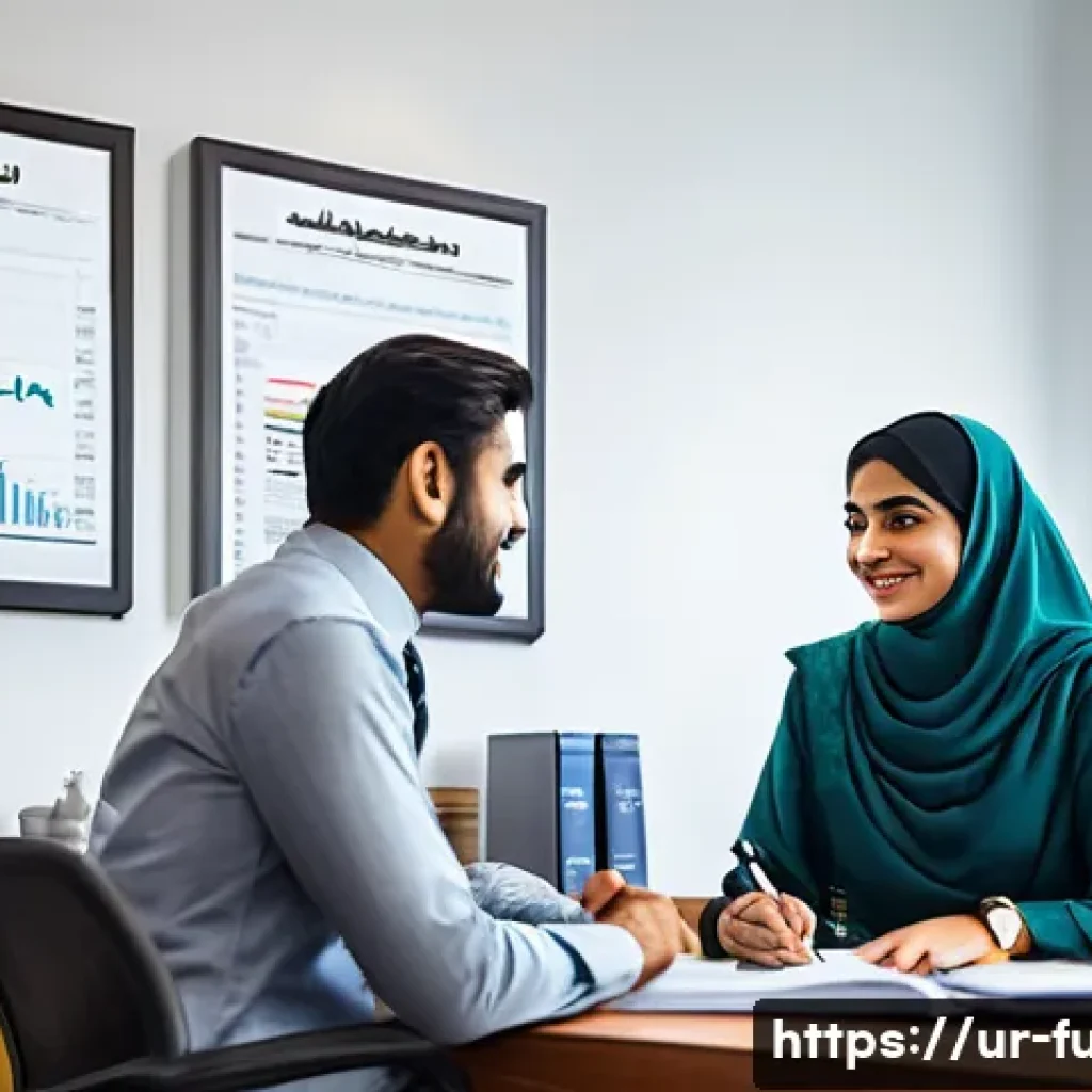 펀드투자상담사로 일하며 느낀 보람 - A detailed and vibrant office scene showing a professional financial advisor consulting with an Urdu...