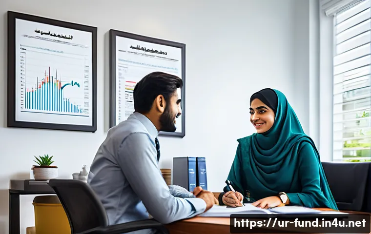 펀드투자상담사로 일하며 느낀 보람 - A detailed and vibrant office scene showing a professional financial advisor consulting with an Urdu...