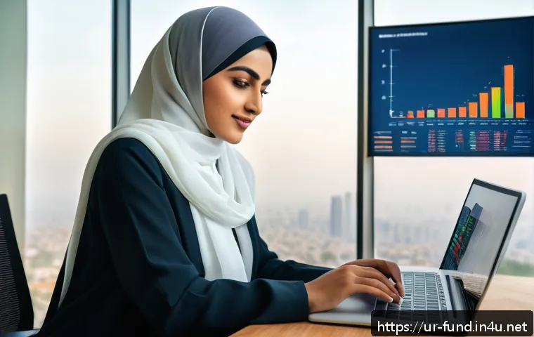 펀드투자상담사로서 고객 투자 성공 사례 - A modern Pakistani young professional woman sitting at a desk in a sleek home office, surrounded by ...