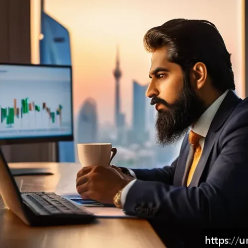 Home 31 펀드투자상담사 자격증 취득 팁 - A professional Urdu-speaking financial consultant sitting at a modern office desk, analyzing fluctua...