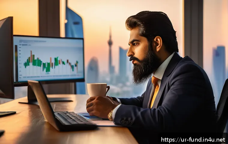 펀드투자상담사 자격증 취득 팁 - A professional Urdu-speaking financial consultant sitting at a modern office desk, analyzing fluctua...