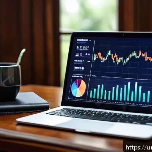Home 30 펀드투자상담사 실무에서의 주요 도구 - A modern investment advisor's workspace in Pakistan, showing a sleek laptop screen displaying real-t...